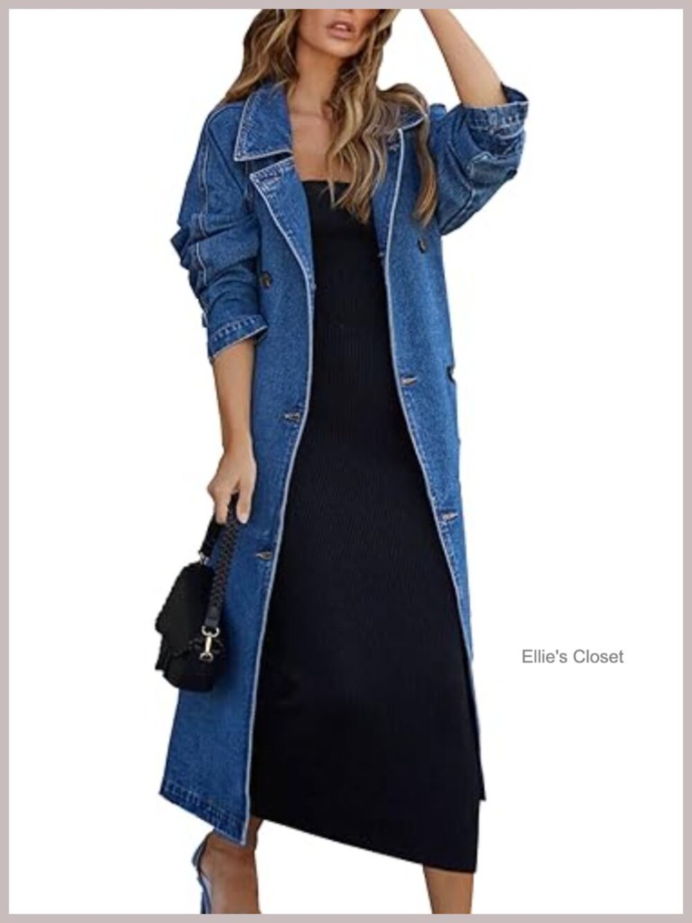 Vintage Notched Collar Double Breasted Denim Jacket Trench Coat with Belt Plus